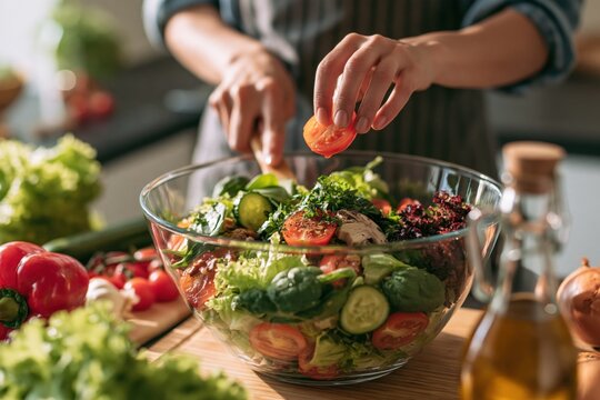 Woman preparing fresh healthy salad with vegetables in kitchen