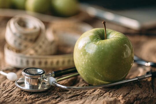 Green apple with stethoscope and measuring tape symbolizing health and wellness