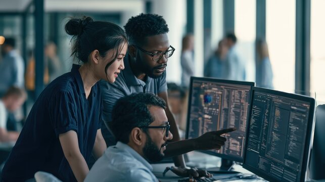 Diverse team of software developers collaborating and discussing code on computer monitors in a modern corporate office
