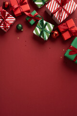 Naklejka premium Merry Christmas and happy New Year with wrapped presents and ornaments on vertical burgundy red background