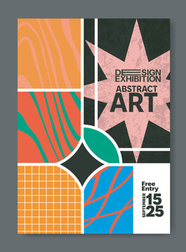Colorful abstract art exhibition poster with geometric shapes, grunge texture, modern typography and event information, vector illustration