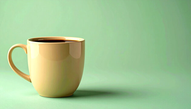 A beige ceramic coffee cup with black coffee