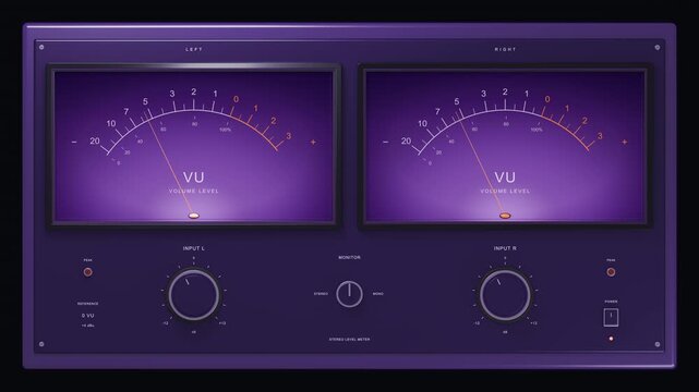 Stereo VU meters glowing in ultraviolet purple with neon dials on dark panel. Needles track left and right audio channels in synthwave style. Great for music, DJ, and nightlife visuals.