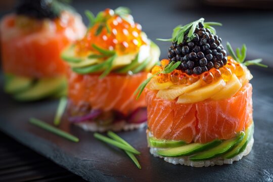 Salmon sushi tartare with caviar and avocado