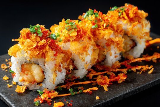 Crunchy shrimp tempura sushi roll on dark slate