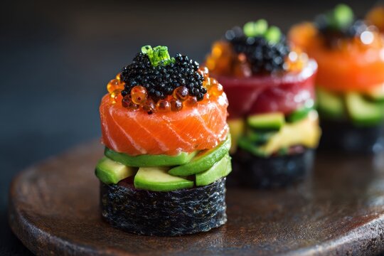Layered sushi stack with salmon, avocado, and caviar