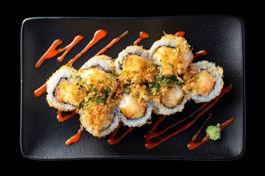 Shrimp tempura sushi rolls on black plate with spicy sauce