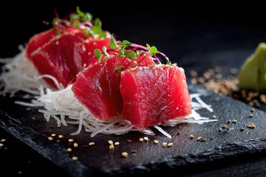 Tuna sashimi slices with sesame seeds and microgreens on slate plate