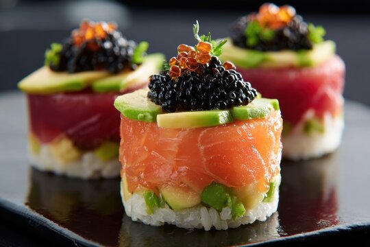 Sushi towers with salmon, tuna, avocado, and caviar