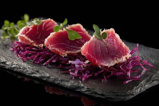 Seared tuna chunks with red cabbage on slate plate