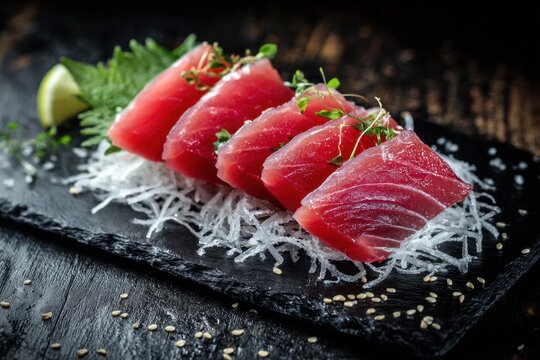 Fresh tuna sashimi portions with shredded daikon radish