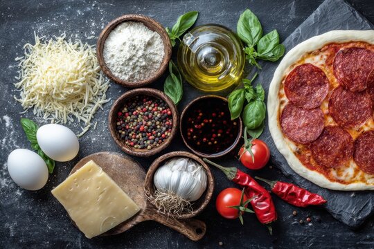 Preparing pepperoni pizza with fresh Italian ingredients on dark stone