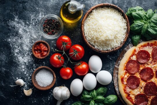 Preparing homemade pepperoni pizza with fresh ingredients on dark background