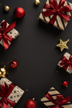 Festive Christmas gifts with red ribbons and gold ornaments on a dark vertical minimalist background for holiday greeting