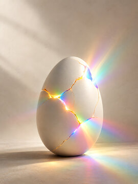 Surreal cracked egg with glowing rainbow light, mystical white eggshell with prism light leaks, conceptual birth and new beginnings imagery