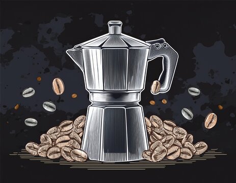 coffee bean and moka pot coffee espresso maker vintage machine style with black background