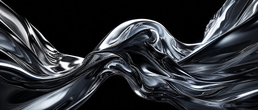 Liquid chrome abstract wave on black background, flowing metallic silver mercury texture, futuristic 3D molten metal ripples