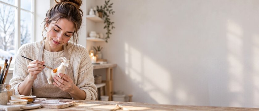 Woman painting a ceramic goat figurine in a craft workshop. Creative winter art studio banner with copy space
