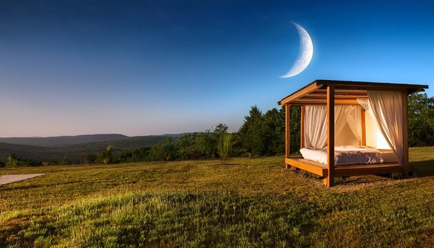 naturally ventilated sleep pavilion under soft moonlight