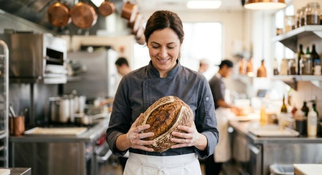 A professional baker holds a fresh sourdough loaf