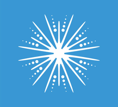 White radial snowflake starburst with pointed rays and dotted decorative elements on blue background, symmetrical winter ornament, vector illustration