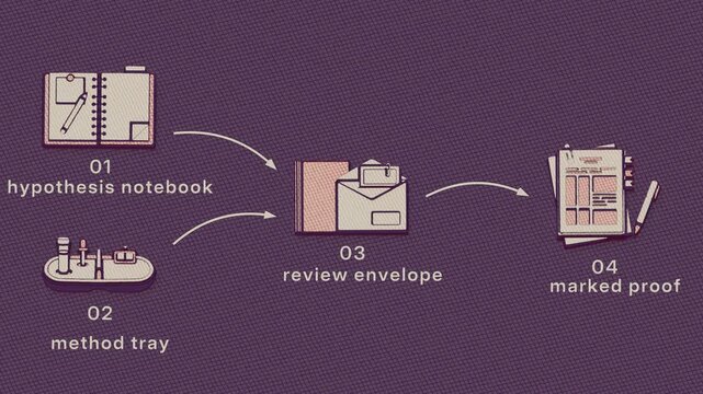 Research proceeds from hypothesis formation and method development through peer review, revision, and proof approval for journal publication. Flat 3D style with cross-hatching; objects numbered and