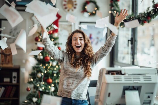 A joyful woman in a modern office, throwing papers into the air with excitement, smiling happily.