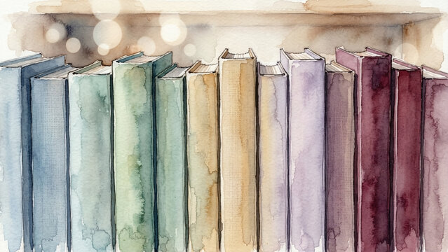 Watercolor painting illustration of a close-up of colorful book spines neatly lined up on a wooden bookshelf.