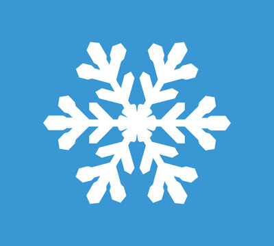 White geometric snowflake with six symmetrical branches on blue background, clean winter and Christmas decorative symbol, vector illustration