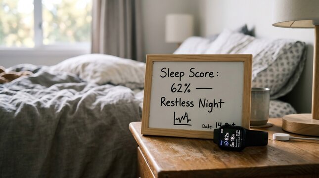 Small whiteboard and smartwatch showing low sleep score and restless