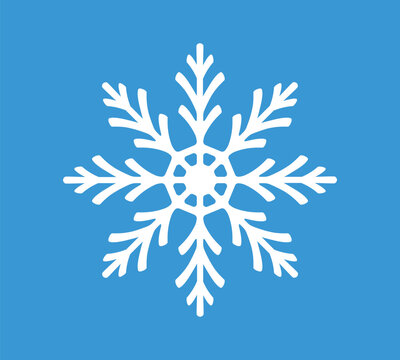 White decorative snowflake with detailed symmetrical branches on blue background, winter holiday and Christmas design, vector illustration