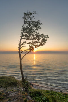 Sunset over the Baltic Sea from coastal cliffs near Rowy, Poland
