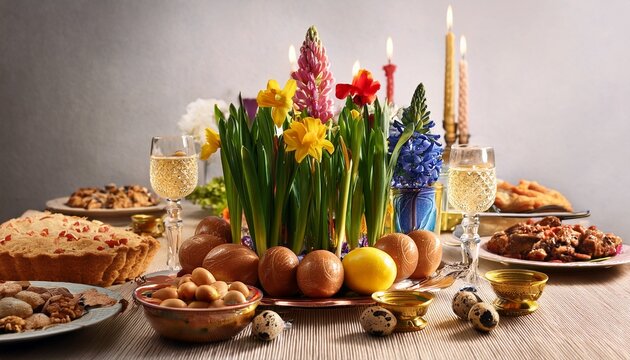 traditional haft seen table with spring flowers celebrating nowruz and renewal