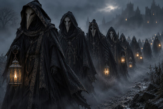 Procession of Plague Doctors with Lanterns in Dark Gothic Landscape