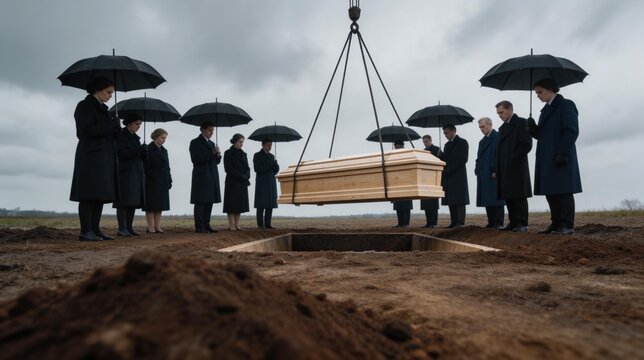 Mourners holding black umbrellas at an outdoor funeral ceremony. Wooden coffin being lowered into an open grave on an overcast day