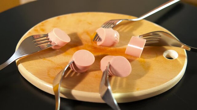 People taking sliced sausages with forks. Multiple forks picking up pieces of sliced boiled sausage from a wooden cutting board until the board is empty, representing the concept of sharing