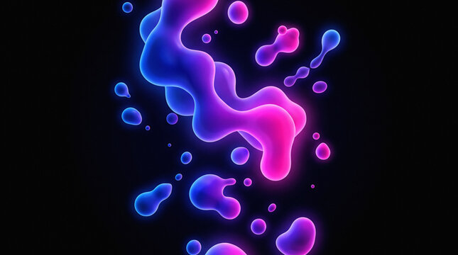 Neon liquid blobs floating on black background, glowing purple and blue fluid droplets, abstract futuristic organic shapes