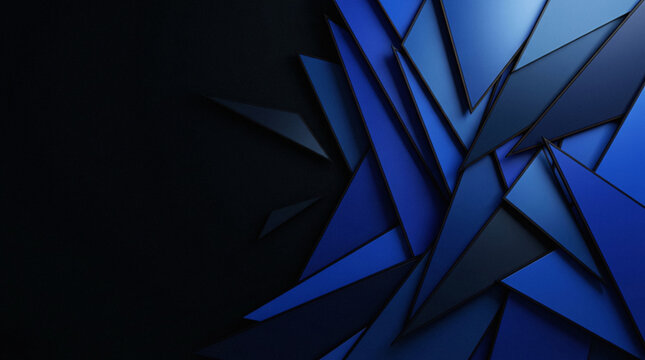 Abstract blue geometric background with sharp triangular shards, dark futuristic 3D mosaic pattern, modern tech wallpaper with copy space