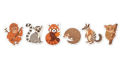 Fototapeta premium Cute cartoon wild animal stickers set on white background