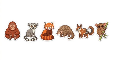 Fototapeta premium Cute cartoon exotic animal stickers set on white background