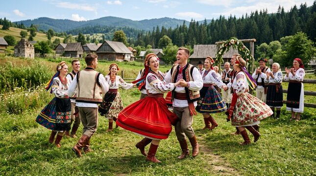 Traditional folk dancers celebrating in a rural village field  