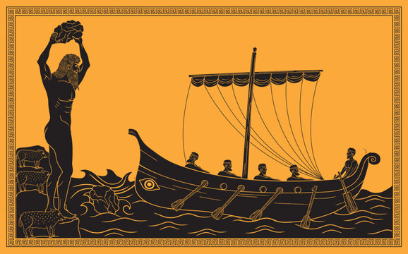 Odysseus and his crew escaping from blinded Polyphemus