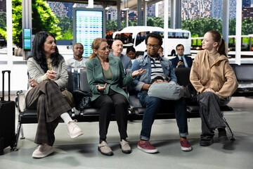 Fototapeta premium Travelers with baggage wait in a busy bus station for express and sleeper bus routes, preparing in the waiting area for a long-distance interstate journey.