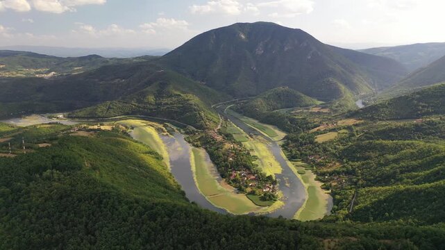 Aerial View of the Meander of West Morava River Near Cacak, Serbia