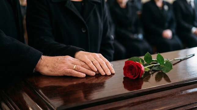 Couple holding hands on wooden casket with red rose during funeral. Grieving mourners in black at memorial service