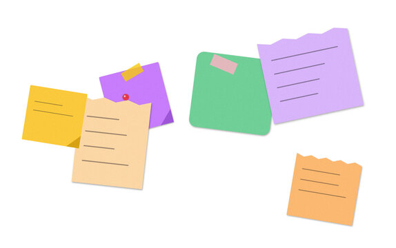 Set of colorful sticky notes with handwritten text and tape on paper sheets for office and school planning isolated on transparent background