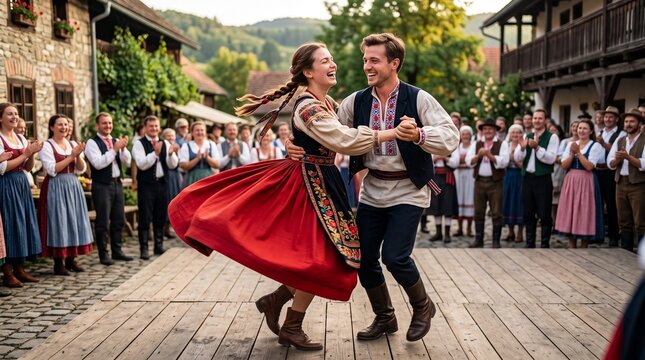 Young couple dancing in traditional attire during cultural festival  