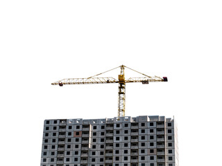 A construction crane building a new house. High-rise crane at a construction site. Construction business. Crane operator profession. Panel building. Insert into a template. Photo for a mockup. PNG for © malaha