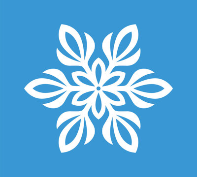 White floral snowflake with petal and leaf shapes on blue background, elegant symmetrical winter holiday decoration, vector illustration