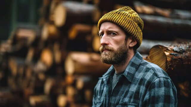 A serious, bearded man stands against a backdrop of stacked firewood next to a forest cabin. Concept of village life, farming, and logging
